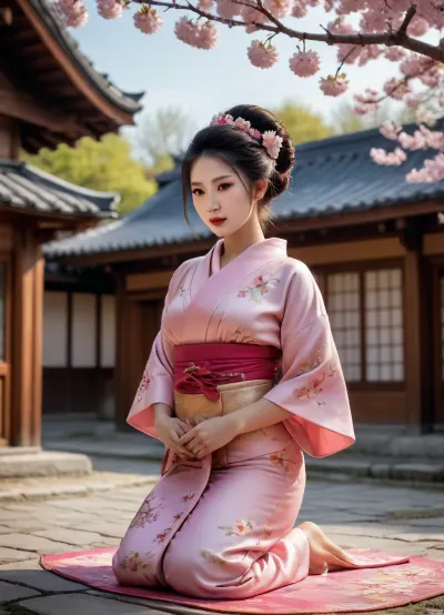 A geisha, biggest boobs 6D, ample cleavage, on her knees, in a richly detailed traditional kimono standing under blooming cherry blossoms. A traditional Japanese wooden house with a curved tiled roof in the background. Ultra-realistic textures, lifelike lighting, natural skin tones, soft spring atmosphere, falling sakura petals, 8K realism, photographic detail