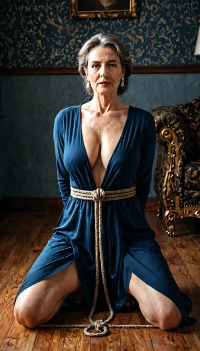 (A hyperrealistic, cinematic portrait of a beautiful, mature woman, 69 years old:2.2), braless, in a dark and mysterious industrial setting, bathed in dim light. Bound with BDSM precision to a rusty metal floor, her wrists and ankles are tied behind her back with gleaming black ropes, forming intricate, symmetrical decorative knots that contrast with the delicacy of her skin and the softness of her clothing. Ropes encircle her elbows and thighs, forcing her body into an arched, tense posture that accentuates her vulnerability. A sleek black gag or a luxurious black satin gag, carefully knotted, highlights her parted lips. Her large, expressive eyes convey fear, submission, and subtle seduction. Dramatic, contrasting lighting emphasizes the textures, the gleaming ropes, the smooth skin, the rusty floor, and the delicate fabric. Photorealistic style, 8K resolution, subtle grey-blue palette, attention to detail in the smallest bondage details, tactile quality of materials, and a strong BDSM-inspired atmosphere.