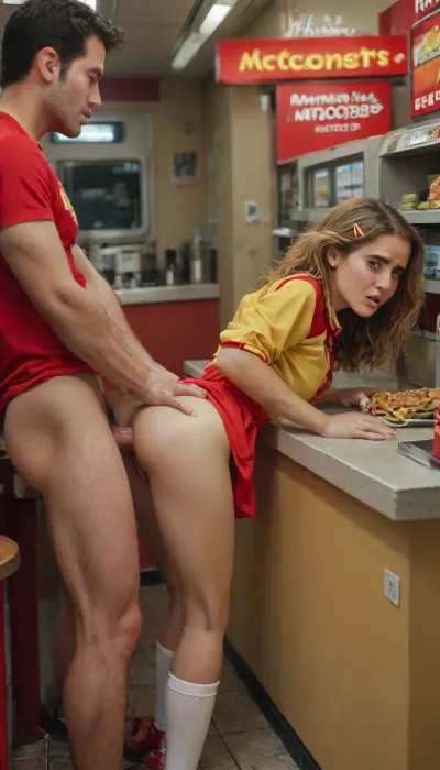 (adult Hermione Granger), pink hairclip, embarrassed, humiliated, submissive, in the Fast food restaurants, A serious Female McDonald's cashier girl ass fucked, anal fucking, (dressed in a McDonald's Red and Yellow uniform), girl McDonald's cashier, (Standing behind the checkout counter where customers are lined up, she leans on the checkout counter with her hands or elbows, her chest on the checkout counter, Female McDonald's cashier standing leaning forward), (Inside the McDonald's checkout counter, Red and Yellow Fast food restaurants:1.2), anal, fucked anal, (anal sex:1.2), anal penetration, moaning, no makeup, (side view:1.5), prone bone, (assfuck:1.2), (perfect hands and fingers, detailed face, detailed hair, detailed body, detailed skin, detailed breasts, detailed very tight virgin pussy), low resolution photo, taken with an early 2000s camera phone, harsh flash, digital noise, compression artifacts, washed-out colors, handheld snapshot, poor lighting, realistic mobile photo aesthetic, (grainy photo:1.2), (mobile photo aesthetic:1), <lora:MJ52:.5>, <lora:BUT_SDXL_SHS:.5>, <lora:SDXLHighDetail_v6-000005:.8>, <lora:NEOTOKIOXL_0.2_RC:1.5>, <lora:Ppolar-P3v1-NbVp10:1.5>