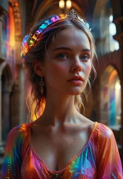 In a neon-surreal rendition of the 14th century, a stunning 25-year-old woman stands at the center, her face captured in hyper-realistic detail. Her flawless skin and expressive eyes gleam under vibrant neon hues. Dressed in exquisite 14th-century attire, she blends seamlessly into a fantastical, fluid environment. The surroundings merge medieval architecture with flowing neon colors, creating a dreamy, surreal atmosphere. As she moves, colors and shapes flow around her, like a living painting. Her expression radiates joyful allure and subtle sensuality, blending historical richness with a dreamy, fantastical ambiance, (maximum detail), (super realistic photo:1.4), godpussy, DonMSp3ctr4lXL, <lora:MJ52:.6>, <lora:Super_Eye_Detailer_By_Stable_Yogi_SDPD0:.3>, <lora:Cloudy_Style:.8>, <lora:SDXL_GodPussy_v1:.8>, <lora:DonMSp3ctr4lXL-000008:.4>
