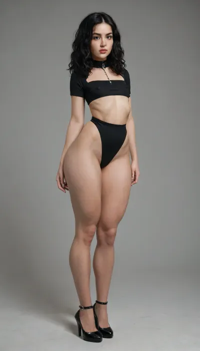 tall curvy pear shaped gothic type woman, small flat chested perky brests, huge long puffy erect nipples, thick thighs, big hips, tiny waist, full body image