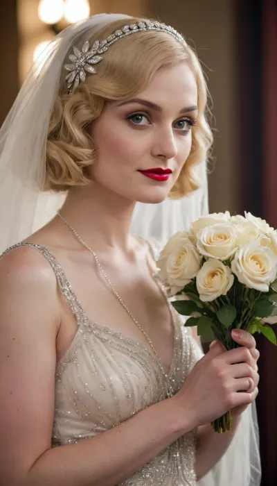 NSFW, "A stunning 1920s cinematic portrait of Queenie Goldstein, (played by Alison Sudol), as a bride. She has an elegant blonde curly bob, striking red lips, and a mysterious, warm smile reflecting her Legilimency. She is wearing an ivory silk Art Deco wedding dress with intricate beadwork and sequins, paired with a crystal flapper-style headpiece and a delicate veil. Holding a white floral bouquet, radiant and dreamy atmosphere, authentic 1920s film aesthetic, soft vintage lighting."
