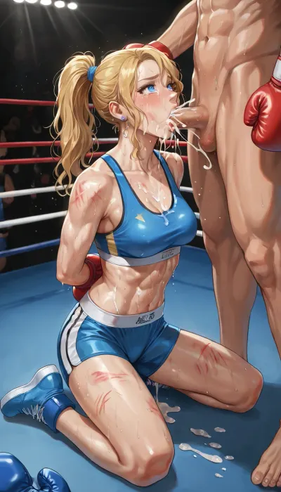 best quality, boxing girl with long blonde hair in a ponytail, athletic build, medium breasts, ripped blue sports bra and blue boxing trunks, (marks on body, marks on tits), kneeling, hands behind back, (cum shot, cum in mouth), boxing ring, humiliated, tears