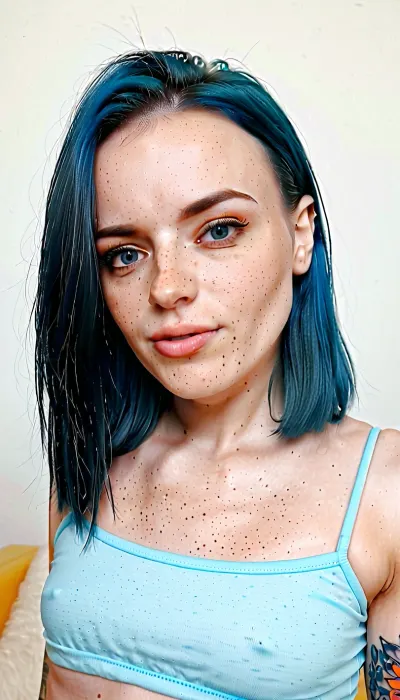 model with dark hair, bob cut, mane, straight hair, lots of freckles, slight squint in one eye, RavenXL, blue, hair, Freckles, <lora:RMSDXL_Photo:.8>, <lora:RavenXL:.8>, <lora:portrait:.8>, <lora:Freckles:.8>, <lora:SDXLHighDetail_v6-000005:.8>