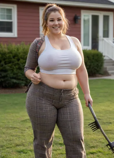 extremely detailed, candid picture, realistic photograph of a cute, chubby, 30-year old woman, Caucasian American, massive pust, pretty round face, light brown hair, PonyTail, (detailed chubby face), big hips, wide loose working trousers, (flannel shirt over tank top), happy expression, holding rake, standing on lawn of nice suburban house, autumn, sunshine, fat ass, strong thighs, flat, chest, big, breasts, huge, gigantic, hips, thighs, wide, thick, plump, belly, female, arms, extra, <lora:Venus_Body_Alpha:.3>
