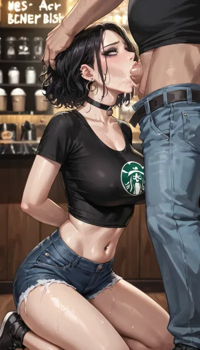 best quality, clean art, goth girl with short black hair, slim build, large breasts, black choker, ripped black t-shirt and jean shorts, hands behind back, kneeling, (face fuck, deep throat), coffee shop, fucked by old man, humiliated