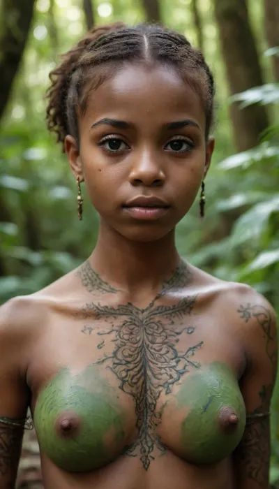 (An african petite girl in the Jungle aged 19 with Henna Tattooes), and Green slime cover. Camera is Up in the air
