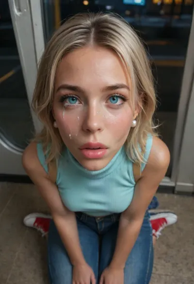 Night, nighttime, dimly lit, empty train, blonde, 18 yo girl, bimbo, long straight styled hair, sitting, ((giving blowjob to viewer)), very glossy suntanned skin, skinny, ((massive fake h-cup boobs:1.3)), ((pokies)), perfect face, insanely beautiful, pearl earrings, small backpack, ((tight turquoise sleeveless turtleneck top:1.5)), white bra, ((jeans miniskirt)), sneakers, looking up to viewer, ((crying, tears on cheeks:1.3)), ((cum on face)), ((close view from above))