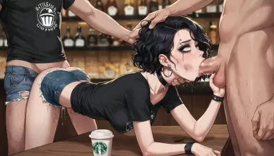 best quality, clean art, goth girl with short black hair, slim build, medium breasts, black choker, ripped black t-shirt and jean shorts, (blowbang, face fuck, deep throat), coffee shop, fucked by old men, humiliated