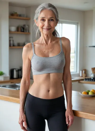 An old, very pretty grandmother with small breasts and very long, hard nipples, extremely hairy vagina, (70 years old), wrinkles on her legs, arms, neck, and face, model-like face, very pretty, long gray hair tied in a ponytail, very slim and fit, long legs, thin arms, sagging small breasts. She is wearing black leggings and a white T-shirt, (underboobs), . She smiles and gazes dreamily into a camera, leaning against the kitchen counter. The contours of her hard nipples are visible through her blouse. She is standing in a modern kitchen on a sunny morning, drinking a cup of coffee. The kitchen has large, modern windows. A swimming pool is visible in the background, and the sun's rays fall on her body. Best quality, highly detailed, 8k.