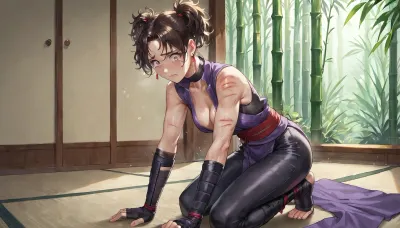 best quality, ninja girl with short brown hair in pigtails, athletic build, medium breasts, purple and black ninja costume with visible cleavage, (marks on arms, marks on back), kneeling, (beaten with bamboo canes), ninja dojo, afraid, tears