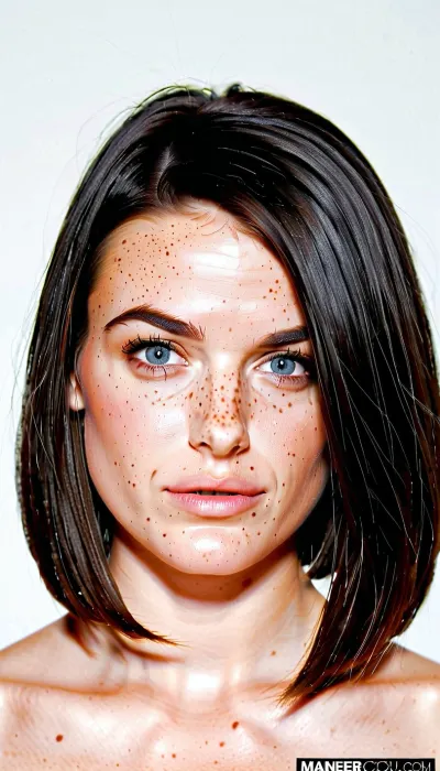 model with dark hair, bob cut, mane, straight hair, lots of freckles, slight squint in one eye