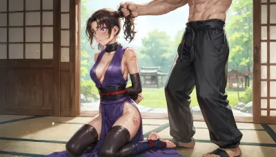 best quality, ninja girl with short brown hair in pigtails, athletic build, medium breasts, purple and black ninja costume with visible cleavage, (marks on arms), hands behind back, (man grabbing hair), kneeling, ninja dojo, afraid, tears