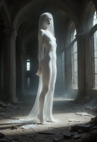 A vast, abandoned baroque palace with towering cracked columns. Peeling frescoes and soot-stained ceilings loom overhead. a lone figure emerging from the shadows. A ghost, standing suspended 50cm above the ground, pale girl, ((18yo, white painted skin, unnatural white skin, unnatural fully black eyes, black lips)), extreme long black hair, extremely long hair to the ground, slender body, full nude, very short body, small hips, small butt, flat chest, fully nude. High-contrast chiaroscuro—cold moonlight slashes through broken stained glass, casting sharp shadows that amplify her ethereal presence. Dust motes swirl in the beams., Slight Dutch angle, full-body portrait as she vanishes into deeper shadows., mentixis, metix, ais-ghostly, misty, ghost, floating, <lora:mentixis:2>, <lora:Ghostly_Style_SDXL:2>, <lora:PAseer-SDXL-MistyGhost:2>