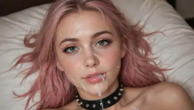 Delicate scandinavian 23 years old girl with pink hair and emerald green eyes and fair skin. close-up on head of cute slutty woman, laying on bed after having been used intensely, facing viewer, tired but happy, slight smile, black makeup, (forehead full of cum:1.1), (nose full of cum:1.1), (mouth full of cum:1.1), (cum running onto bed:1.1), (lots of cum), (loads of cum), warm light, beautiful morning, (wet hair), (long eyelashes), (collar with spikes:1), (green eyes), (black bed linen), (used condom in mouth:1.1), (pink hair:1.5), bukkake, cum, <lora:MS_Real_XL_Bukkake:.8>