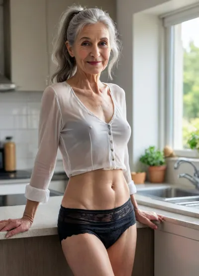 An old, very pretty grandmother with small breasts and very long, hard nipples, extremely hairy vagina, (70 years old), wrinkles on her legs, arms, neck, and face, model-like face, very pretty, long gray hair tied in a ponytail, very slim and fit, long legs, thin arms, sagging small breasts. She is wearing black stockings, a miniskirt, and a white blouse. She smiles and gazes dreamily into a camera, leaning against the kitchen counter. The contours of her hard nipples are visible through the blouse. She is standing in a modern kitchen on a sunny morning, drinking a cup of coffee. The kitchen has large, modern windows. A swimming pool is visible in the background, and the sun's rays fall on her body. Best quality, highly detailed, 8k.