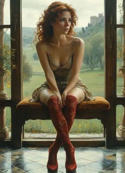 woman, 50 years old, (small body size:1.3), full body, Jean, Delville, style, of, Michael, Cheval, (onoff), (sit, on, seat, spread, legs:1.3), <lora:tbh140-sdxl:.6>, <lora:tbh129-sdxl:.8>