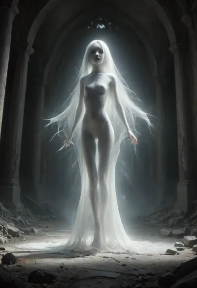 A vast, abandoned baroque palace with towering cracked columns. Peeling frescoes and soot-stained ceilings loom overhead. a lone figure emerging from the shadows. A ghost, standing suspended 50cm above the ground, pale girl, ((18yo, white painted skin, unnatural white skin, unnatural fully black eyes, black lips)), gracefully curved body, extreme long white hair, extremely long hair to the ground, slender body, full nude, very short body, small hips, small butt, flat chest, fully nude. pov fuck her deep, balls deep penetration by pov close-up, pov view close-up, standing sex. High-contrast chiaroscuro—cold moonlight slashes through broken stained glass, casting sharp shadows that amplify her ethereal presence. Dust motes swirl in the beams. Slight Dutch angle, full-body portrait as she vanishes into deeper shadows. mentixis, metix, ais-ghostly, misty, ghost, floating, <lora:mentixis:2>, <lora:Ghostly_Style_SDXL:2>, <lora:PAseer-SDXL-MistyGhost:2>