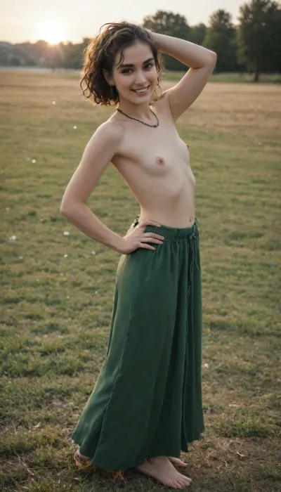 hippie cutie festival woman, 21 years old Irish, (pale white skin:1.3), short hair, curly hair, flat Chested, ghost nipples, pale nipples, skinny, petite, cutest round face, side view, top down from high, hippie cutie, wearing long green skirt, ((topless)), tits out, free, barefoot, arms out, dancing, big smile, sexy smile, chunky necklaces, earrings, outside in the sun, alone in a meadow, gasping, looking at viewer, mega, big, hair, pale, skin, Scene-Queen, Emo, Long, Hairstyle, Optional, Myspace, picture, Indian, girl, <lora:xl_mega_ponytail-1.0:.8>, <lora:pytorch_lora_weights:.8>, <lora:Pale_Skin_SDXL_v1.0:.8>