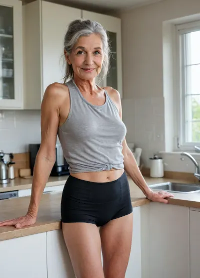 An old, very pretty grandmother with small breasts and very long, hard nipples, extremely hairy vagina, (70 years old), wrinkles on her legs, arms, neck, and face, model-like face, very pretty, long gray hair tied in a ponytail, very slim and fit, long legs, thin arms, sagging small breasts. She is wearing black stockings, a miniskirt, and a white blouse. She smiles and gazes dreamily into a camera, leaning against the kitchen counter. The contours of her hard nipples are visible through the blouse. She is standing in a modern kitchen on a sunny morning, drinking a cup of coffee. The kitchen has large, modern windows. A swimming pool is visible in the background, and the sun's rays fall on her body. Best quality, highly detailed, 8k.