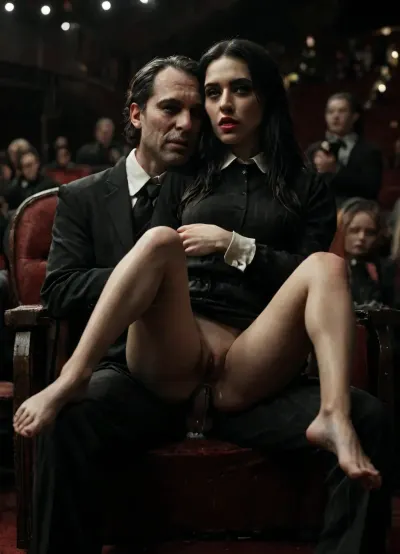 8k, score_9, score_8_up, score_7_up, horror, narrow waist, narrow hips, narrow calves, long slender legs, absurd_res, hi_res, (big man sitting on chair in a crowded movie_theater, girl on lap:1.1), open pants, hug, anal, pussy_juice, stealth_sex, cum, black outfit from Addams family, smug, surprised, exhausted, rolling_eyes, covering_mouth, detailed face, intricate details, hyperdetailed, very aesthetic, motion_lines, (((morticia from Addams family))), <lora:detailed_notrigger:2>, <lora:add-detail-xl:.8>, <lora:LCMTurboMix_Euler_A_fix:.8>, <lora:style_lora_realis:.8>, <lora:dark:.8>