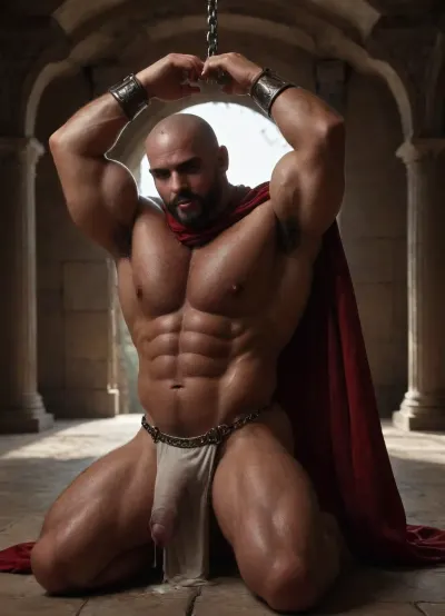 Gay men, Men only, Hyper-muscular very hairy hugely massive erect nipples, Roman general man, in red cape gold armbands gold Shining short chainmail ass cheeks show from underneath Shining gold chainmail MaleAssViewV2 holding raised arm of captured Man shaved-head bald gladiator slave, intense eye contact, oiled sweaty bodies, Slave only wearing Short brown dirty wrap loincloth ass on full show, dramatic palace interior lighting, erotic gay men domination pose.Dominant hairy bearded Roman general Man in flowing red cape gripping chain on wrists of submissive shaved-head muscular gladiator Slave just in cum soaked short loincloth, arms raised, hard bodies close, hard large cocks bulgeing, sweat glistening, ancient palace columns background, intense homoerotic tension.Intense gay erotic scene ancient palace, hairy muscular man in red cape holding both wrists above head of bald shaved-head submissive Slave, hard cock bulging in his loincloth dripping cum ass on full show, oiled skin dramatic lighting, passion and domination.ancient palace, Hyperealistc Photographic-style, Dynamic visuals, Cinematic lighting, deep shadows, @hrypctls1, hairy, chest, Slave has Cum soaked loincloth, only Roman general wearing red cape gold chainmail short wrap, zavy-rmn, gladiator slave arms up tide in chains, Roman general on knees sucking slaves cock deep-throating, kneeling general ass wide cock on floor pooling cum, <lora:bulgev1-beta:1.5>, <lora:dark:.4>, <lora:@hrypctls1.v1.concept.sdxl_epoch_3:1.5>, <lora:ancient_Roman_or_Greek_soldier:1.2>, <lora:zavy-rmn-sdxl:1.5>