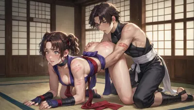 best quality, ninja girl with short brown hair in pigtails, athletic build, medium breasts, purple and black ninja costume with visible cleavage, (marks on arms, marks on back), kneeling, hands behind back, (anilingus on man), ninja dojo, afraid, tears