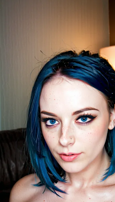 model with dark hair, bob cut, mane, straight hair, lots of freckles, slight squint in one eye, strong black makeup, eyeliner, cat eye RavenXL, blue, hair, <lora:RMSDXL_Photo:.8>, <lora:RavenXL:.8>, <lora:portrait:.8>, <lora:SDXLHighDetail_v6-000005:.8>, raw, lighting, overexposed, harsh, flash, <lora:Rawfully Stylish v0.2_epoch_20:.8>