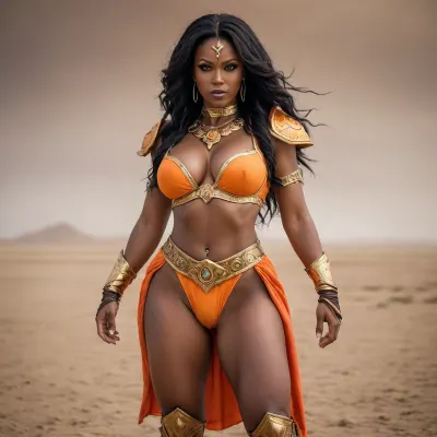 orange stone warrior cosplay, thick black milf, (smirking at the camera), cloth, (jewelry), long wavey hair, dust storm, on the steppe, (view from front), muscular legs, vibrant color, (high fantasy)