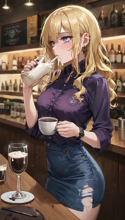 best quality, clean art, emo girl with blonde hair, slim build, medium breasts, ripped purple blouse and jean skirt, (cum drinking, drinking cum from a glass), coffee shop, tears