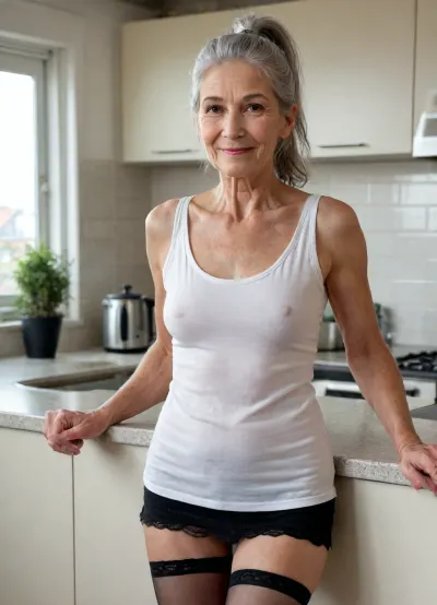 An old, very pretty grandmother with small breasts and very long, hard nipples, extremely hairy vagina, (70 years old), wrinkles on her legs, arms, neck, and face, model-like face, very pretty, long gray hair tied in a ponytail, very slim and fit, long legs, thin arms, sagging small breasts. She is wearing black stockings, a miniskirt, and a white blouse. She smiles and gazes dreamily into a camera, leaning against the kitchen counter. The contours of her hard nipples are visible through the blouse. She is standing in a modern kitchen on a sunny morning, drinking a cup of coffee. Best quality, highly detailed, 8k.