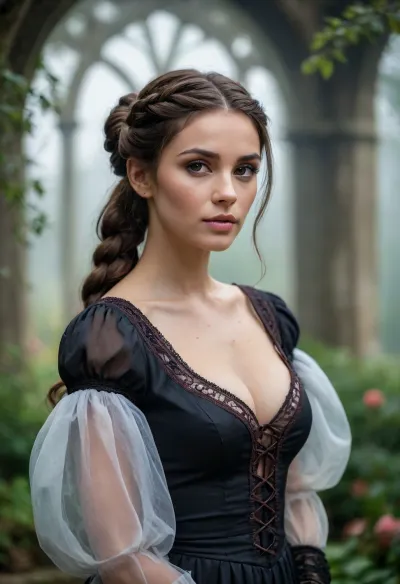 (Semi-realistic), (Artistic), coquettish women, long hair, brunette hair, brown eyes, looking at the viewer, parted lips, blushing, hair over one eye, braided ponytail, dramatic pose, elegant black dress with a low cut scoop neckline, (cleavage), Juliet sleeves, puff sleeves, neckline, luxurious fabric, graceful posture, intricate details, vivid colors, atmospheric atmosphere, detailed expression, captivating presence, atmospheric depth, elegant clothing. English garden, shrouded in soul aura and decay fog, Three levels. shallow depth of field, close up photograph, maximum aperture