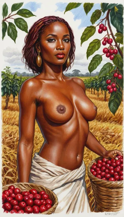 Contemporary color sketch {Young, beautiful, semi-nude, Kenyan woman, topless, harvesting coffee berries, stacking the berry in a filled basket, in a vast coffee plantation with Savannah in the background, looking at the viewer, bright natural sunlight, dry grass, green coffee trees, Savannah in the background}, color, contrast, tone, texture, detail, stylish, elegant, sketch, painting