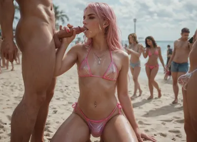 Femboys, Thick ass, Gangbang, Oral, Cum in mouth, Medium breastst, (pink PVC bikini:1.3), (Transparent bikini:1.5), (Penis bulge:1.4), Wet bikini, Wet hair, Long hair, Necklace, Nipple bulge, Navel piercing, Gay sex party, Crowded Beach, Outdoors