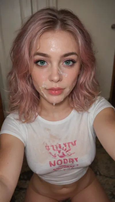 ((23 years old model on her knees)), heart shaped face, Scandinavian and Irish features, narrow jaw, delicate jawline, pointed jaw and chin, pale skin, (detailed face:1.3), Foxy face face, ((messy after sex hair frames her face)), pink hair, wavy hair, messy hair, medium length hair, slender body, perfect body, medium round boobs, emerald green eyes, piercing eyes, eyes slightly crossed, big eyes, wide eyes, doe eyes, slightly wide set eyes, striking eyes, captivating eyes, mesmerizing eyes, fae eyes, long eyelashes, natural eyebrows, glossy lips, lips slightly parted, slight smile, contempt smile, smirk, grinn, provocative, casual makeup, subtle makeup, natural makeup, eyeliner, eyeshadow, mascara, selfie from above angle, looking down on her from above, looking straight into the camera, looking straight ahead, head slightly raised, gazing lovingly straight into the camera, portrait, waist up shot, holding camera with one hand, looking up at viewer, eye contact, ((wearing a transparent black t-shirt with the words " CUMDUMP " in pink writing on front)), messy updo, showing pussy, big load OF CUM on face, cum in hair, cum on stomach, cum on breast, cum dripping, cum on cheeks, cum on lips, cum on forehead, deep perspective, facial, stomach, in, perfect, WrittenOnClothes, selfspread, selfie, lots of cum, cum everywhere. realistic cum, bukkake., <lora:RMSDXL_Enhance:.8>, douyin, makeup, highborn, pure, lust, golden, smoke, see, the, description, <lora:makeup_master_base_sdxl_v1:.8>, "your, handwritten, english, <lora:text_lora:.8>, Rainbowiridal, Spiral, rainbowiridal, eyes, palette, Shiny..., Bright..., Intense, gaze, Fire, dragon, Amber, cat, Anthro..., Genetically, modified..., <lora:Stunning_eyes_2:.8>, bukkake, cum, <lora:MS_Real_XL_Bukkake:.8>