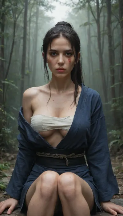 (Sereal:2), (amcient:2), Busty Girl, (Japanese:2), (surreal:2), focus on detail face, beautiful face, (Samurai:2), (long soft hair, ponytail hairstyle, long fringe), thin lips, no makeup, scars, eye filled with rage, torn and broken samurai blue armour, off shoulder, (thighhigh), (temple background), bamboo forest, body is injured and bleeding, cleavage, (((wrapped chest bandage))), katana, broken swords, in pain and anger, Blood, Bloody, dirty clothes, dirty skin, one knee, defeated, lose