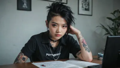 Photorealistic, high resolution, professional photography, cute sexy asian emo girl, punk hair, tattoo, <lora:Portrait_1000_Girl_Faces:.8>