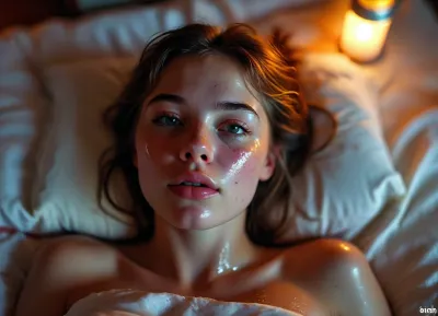 cute cumbucket lying on the bed, a full bucket of cum has recently been poured over all of her body and face, <lora:MJ52:.8>, but, <lora:BUT_SDXL_SHS:.8>