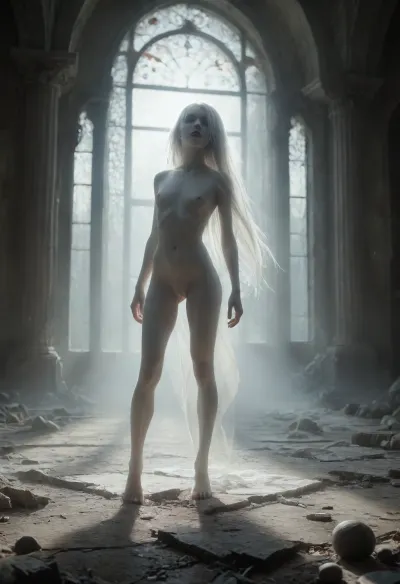 A vast, abandoned baroque palace with towering cracked columns. Peeling frescoes and soot-stained ceilings loom overhead. a lone figure emerging from the shadows. A ghost, standing suspended 50cm above the ground, pale girl, ((18yo, white painted skin, unnatural white skin, unnatural fully black eyes, black lips)), gracefully curved body, extreme long white hair, extremely long hair to the ground, slender body, full nude, very short body, small hips, small butt, flat chest, fully nude. pov fuck her deep, balls deep penetration by pov close-up, pov view close-up, standing sex. High-contrast chiaroscuro—cold moonlight slashes through broken stained glass, casting sharp shadows that amplify her ethereal presence. Dust motes swirl in the beams. Slight Dutch angle, full-body portrait as she vanishes into deeper shadows. mentixis, metix, ais-ghostly, misty, ghost, floating, <lora:mentixis:2>, <lora:Ghostly_Style_SDXL:2>, <lora:PAseer-SDXL-MistyGhost:2>