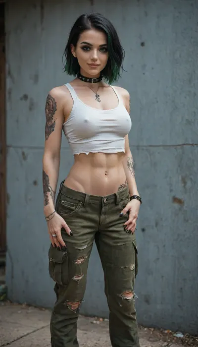 Girl, pale white skin, long black hair with green dyed tips, Goth makeup, black nail polish, silver rings, silver anklet, small tits, six pack abs, tattoos, leather collar, ripped white tanktop, camo cargo pants, cute smile