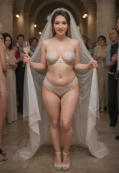 wedding toasting, crowded guests, The happy chubby Korean bride in sexy wedding dress, standing, full body view, slim body, (drinking sperm from transparent glass), (there is glossy and sticky and glossy sperm in glass), goblet full of sperm, cum swallowing, ((gokkun)), cum dripping from the corners of her lips, The woman raises the glass toasting with guests., spitbubbles, littlebubbles, spitstring, woman, cum, on, face, bridal, <lora:Spitbubbles:.7>, <lora:JustCum:.8>, <lora:Bridal_XL:.7>, <lora:Thigh_gap_SDXL:.8>