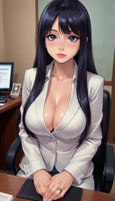 ((Melkor mancin:1), style), reiq style, masterpiece, ((1woman, 8k resolution, ultra-detailed, pale skin)), 1girl, (office background), long hair, black hair, ((milf)), view from above, tight secretary costume, very deep cleavage, fake big tits, kousaka, kirino, gokou, ruri, izumi, sagiri, himemori, luna, sakura, miko, tsunomaki, watame, <lora:LCMTurboMix_Euler_A_fix:.8>, <lora:mk_Bp Anime_xl:1.6>, <lora:焦茶_XL:2>, <lora:Kanzaki Hiro_XL:1.4>, <lora:Rubi-samaXL:1.6>