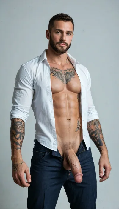 Solo male, athletic body, tan skin, long shaped beard, tattoos on arms and chest, tattoos on legs, dressed in expensive suit, pants unzipped and shirt unbuttoned, 6" detailed veiny cock and huge balls, shaved pubic area.