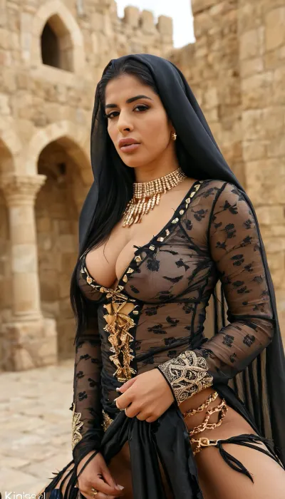 Uber realistic, 8k, ultra detailed, masterpiece, Erotic historical scene. Hyper realistic, (an Arab queen, submissive, wearing, (torn medieval royal dress)), outdoor, Arab desert, (firm breasts), medieval castle in background, (surrounded by European crusader knights), High, Resolution, More, Details, 8K, but, <lora:add-detail-xl:.8>, <lora:MJ52:.8>, <lora:BUT_SDXL_SHS:.3>