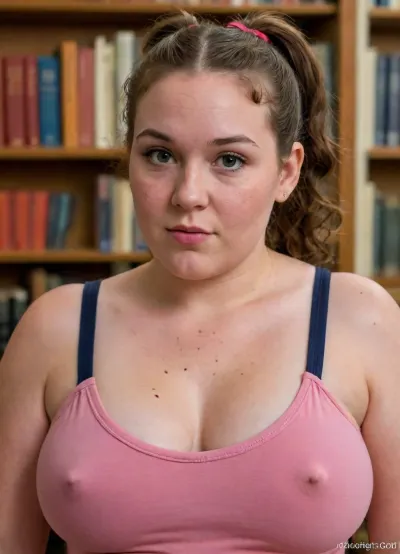 (((bbw))), with pointy nipples flirting at the library, tanktop, ((two ponytails)), curly hair, (acne, freckles, ugly, assymetric face, imperfections), thick eyebrows, no makeup, braless, Wearing, clothes, that, make, sense, with, Braless>, ((large breasts)), chubby, photo, portrait, <lora:bralessSDXL_v1_00022:.1>, <lora:real-humans-PublicPrompts:2>, in her 40s