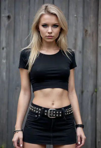 finnish rocker girl in black jeans mini skirt, studded belt, bare midriff