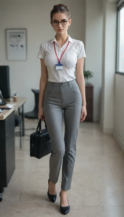 (realistic), 1girl, (((busty girl))), professional office wear, white translucent short sleeve shirt, slim long grey pants, office leather shoes, neat suits, neat short pixie hairstyle, long fringe, oval frame spectacles, professional briefcase, lanyard with security pass