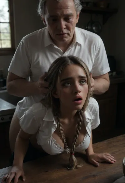 Cottage kitchen, ((two 18 year old college girls)), long blonde braided hair, insanely beautiful, perfect faces, innocent-looking, (((bending deeply over kitchen table:1.5))), massive firm tits, petite, very skinny, skinny yet busty body, ((tight school uniforms)), ((pouted lips)), (lifted pleated miniskirt), (white shirt), ((white bra)), white panties underneath miniskirt, deep fake tanned skin, ((old man with an erect penis groping her boobs from behind)), ((he is kissing her in her neck)), ((very close view from the front)), (((crying alot, sobbing))), (((very sad, scared, shocked))), (((she is unwilling and tries to pull away))), over shoulder view, large, breasts, big, boobs, huge, tits, bmbplora, LookAtMyAss, <lora:bombshell_v2:.8>, <lora:bimboxl_02:.8>, <lora:dark:.8>, <lora:LookAtMyAss:.8>