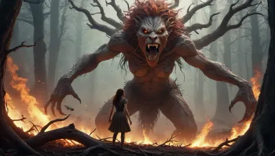 fantasy art illustration, women, beast, intertwine with roots, shreds, fangs, dust, wet, fire, war. /©KlTTY-ART/