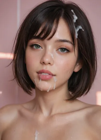 (((ultra high detail, highest resolution, 8k, portrait)), ((sunset background, pink lighting, beautiful woman face, portrait)), ((character A face, (30 years old:1), (East Asian, (Japanese:1)), beautiful, sexy, green eyes, (very long eyelashes:1), looking at the viewer seductively, (black hair, bob cut, bangs), (hair and face covered in a huge amount of cum, loads of cum in hair and on face, (lots of cum in hair:1.5), (lots of cum all over her face:1.5)), flushed cheeks, full lips, (pink, glossy, shiny, lipstick), happy, smiling, (tongue out, lots of cum in mouth, cum dripping off tongue), eyeshadow))), Japanese, portrait, beauty, cum, on, face, in, hair, <lora:JustCum:1.2>